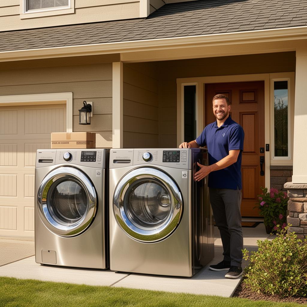 Washer and dryer being delivered to a happy customer